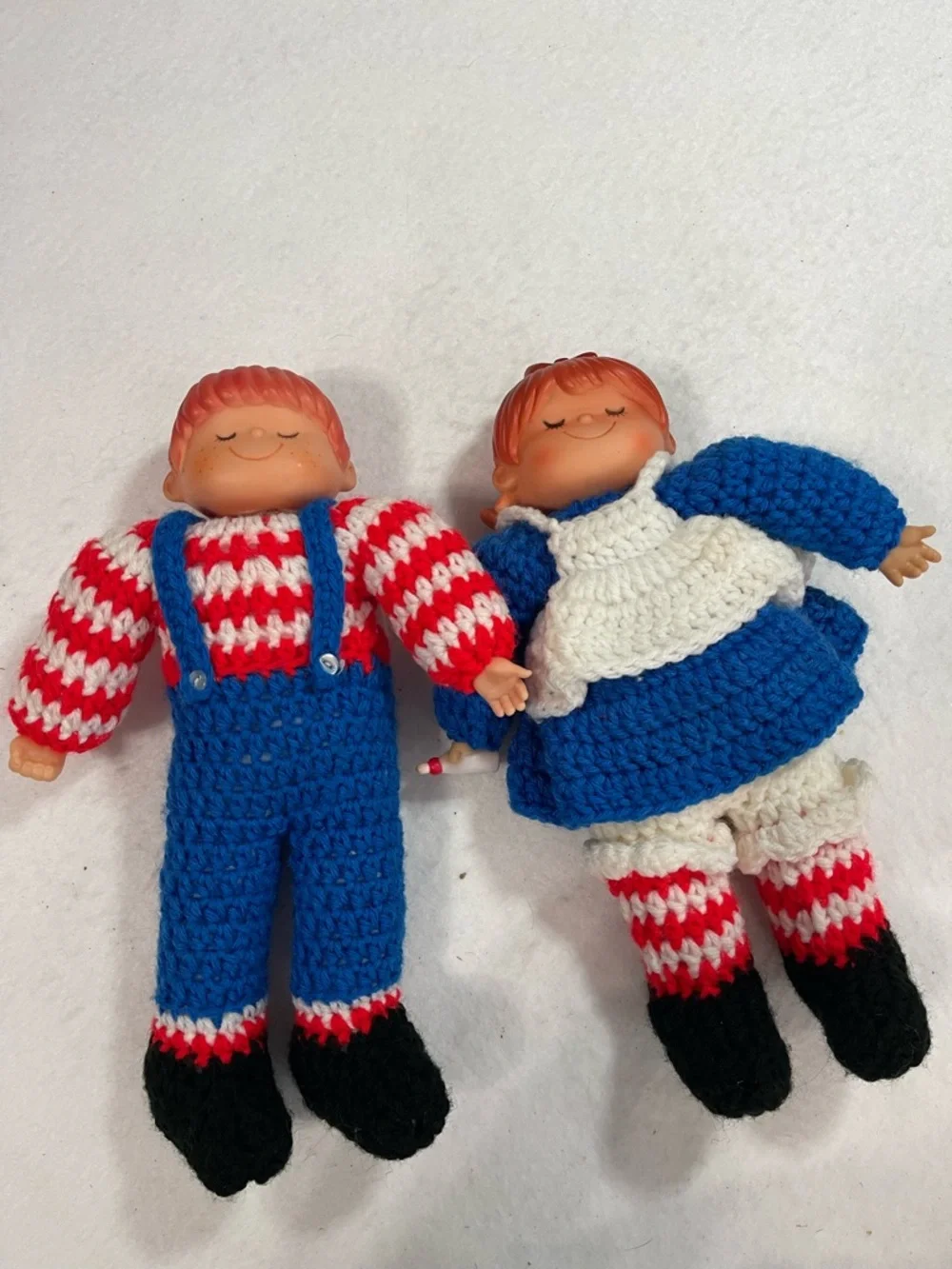 Handmade‎ Blue & Red Crochet Doll with plastic head and hands